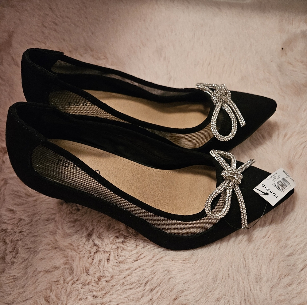 Torrid Black Heels with Mesh And Rhinestone Bow Accent - Picture 2 of 4